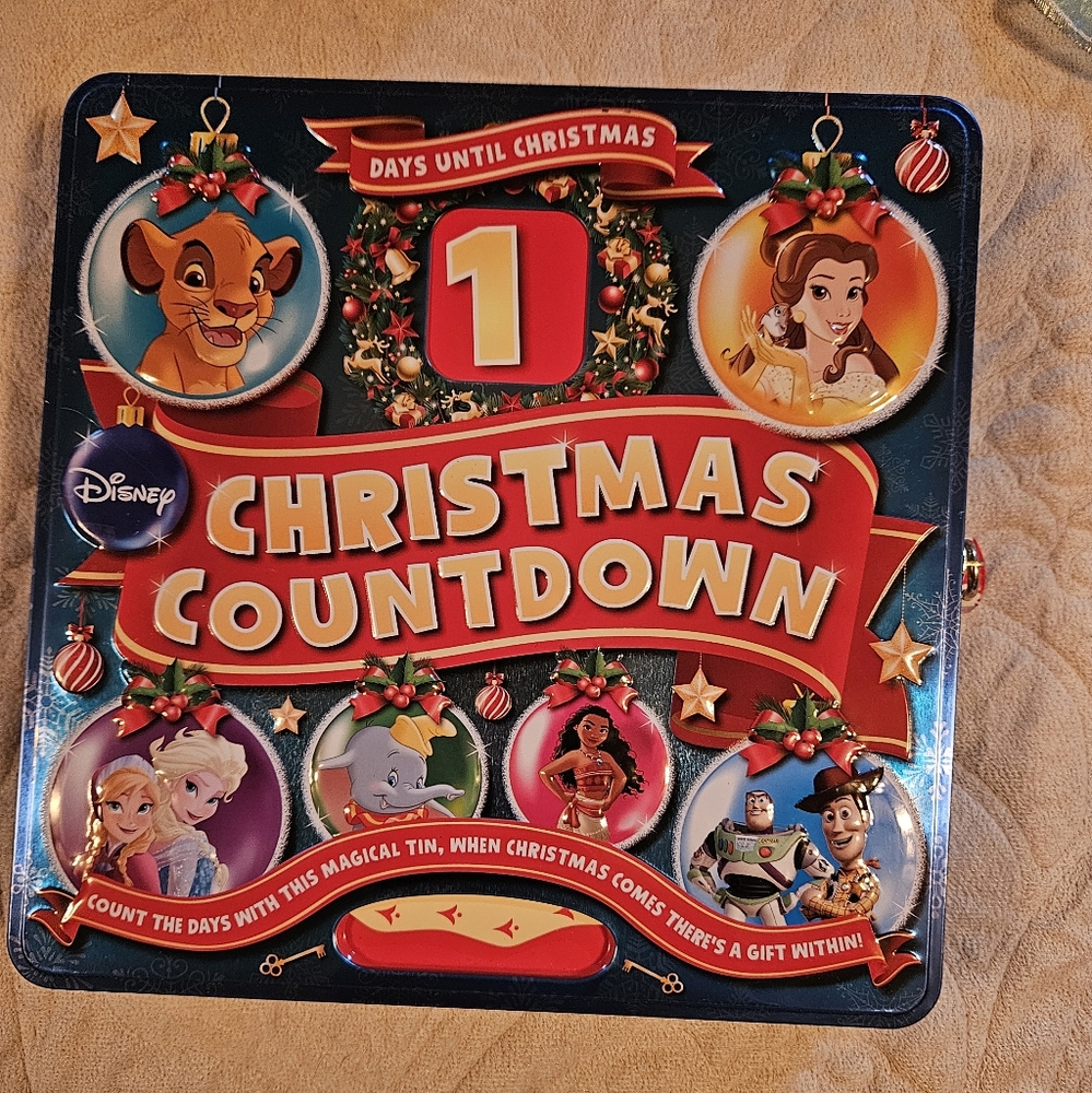 Disney Festive Christmas Countdown Tin with Red and Gold Accents